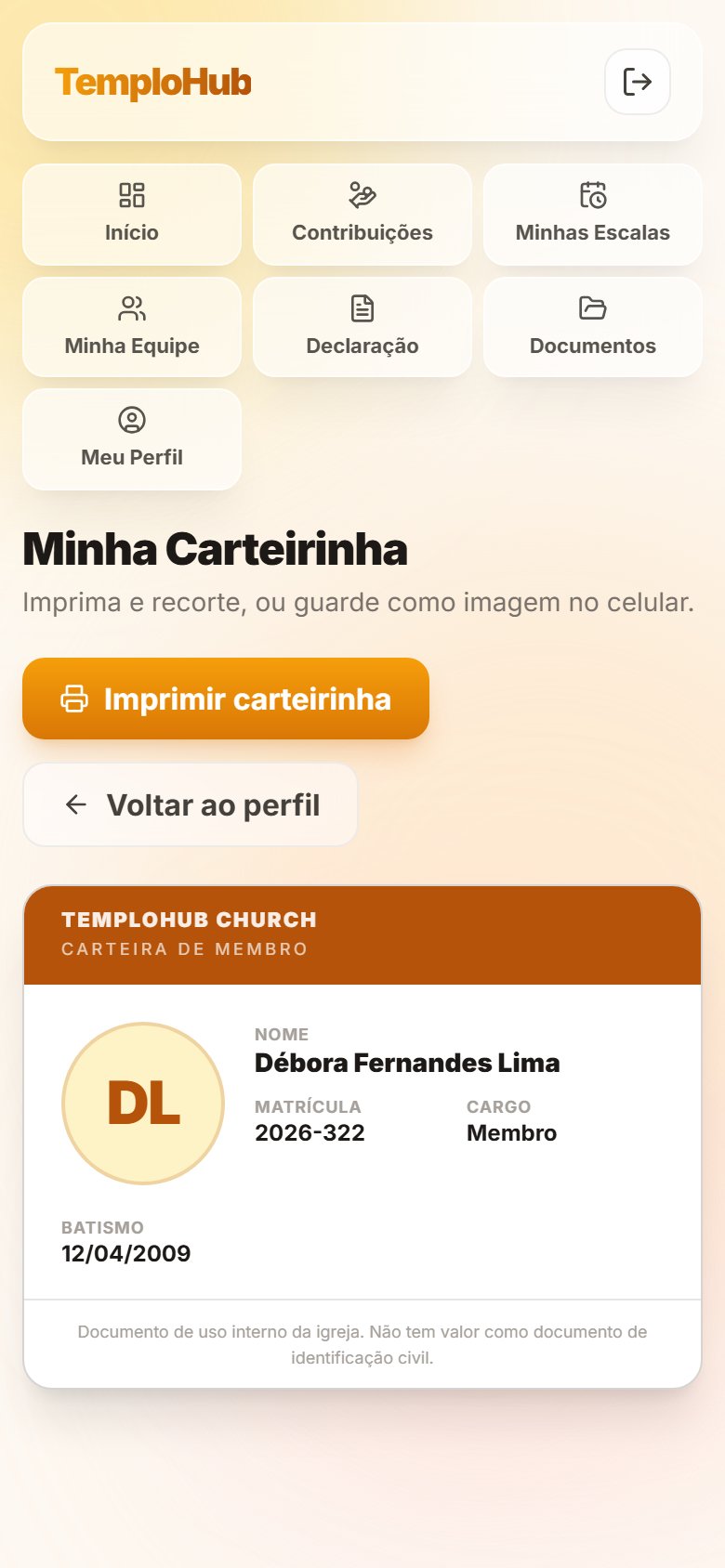 Carteirinha de membro no Portal, com nome, matrícula, cargo e data de batismo
