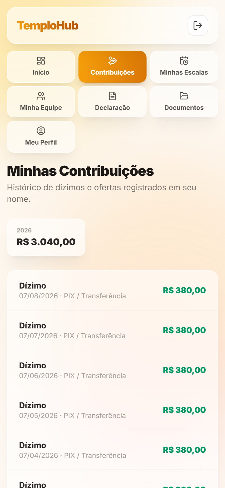Histórico de dízimos do membro no Portal, com data, forma de pagamento e valor