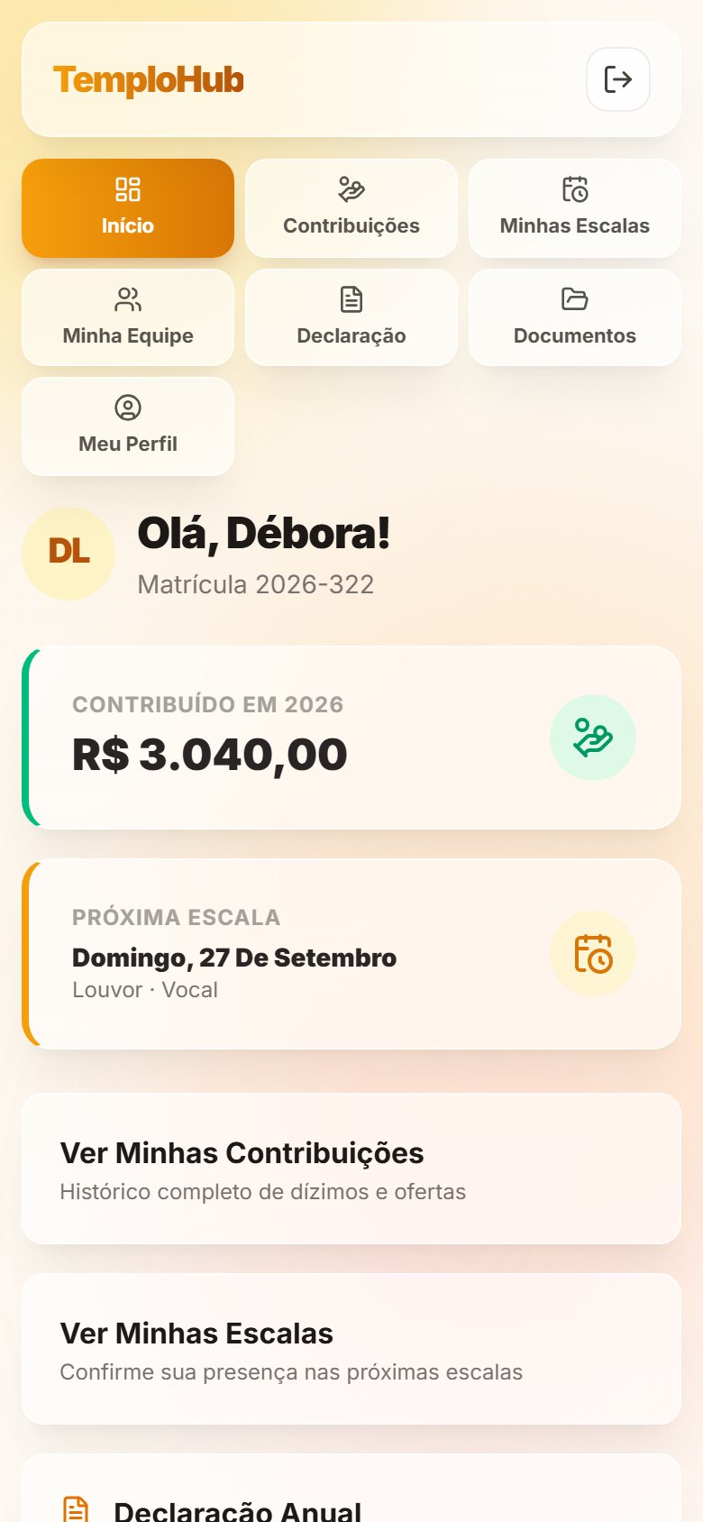 Tela inicial do Portal do Membro com total contribuído no ano e a próxima escala